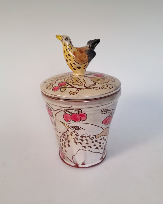 Fieldfare store jar decorated earthenware
