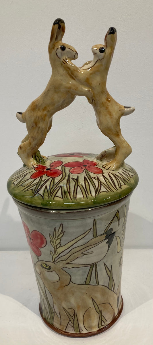 Large store jars depicting boxing hares