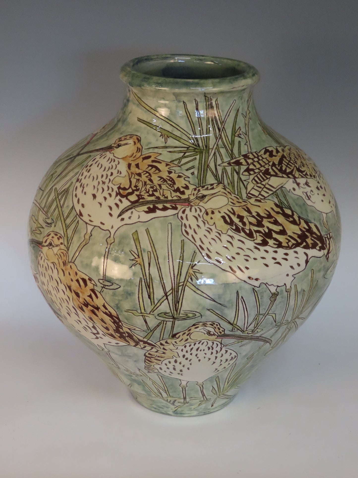 Large vessel  depicting Curlews on Bodmin moor.