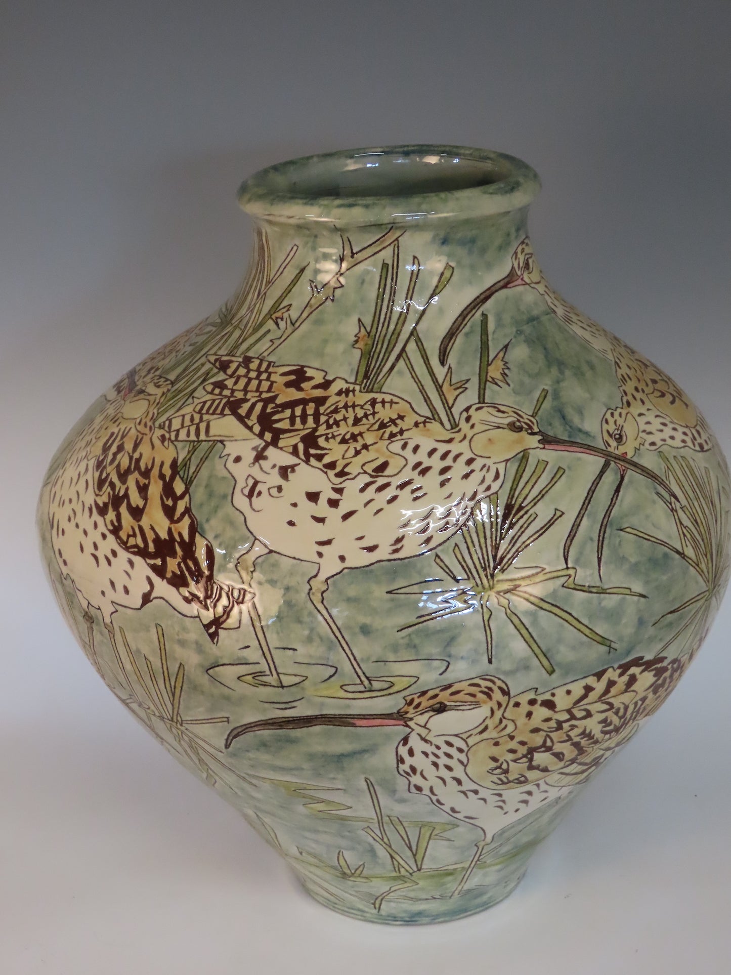 Large vessel  depicting Curlews on Bodmin moor.