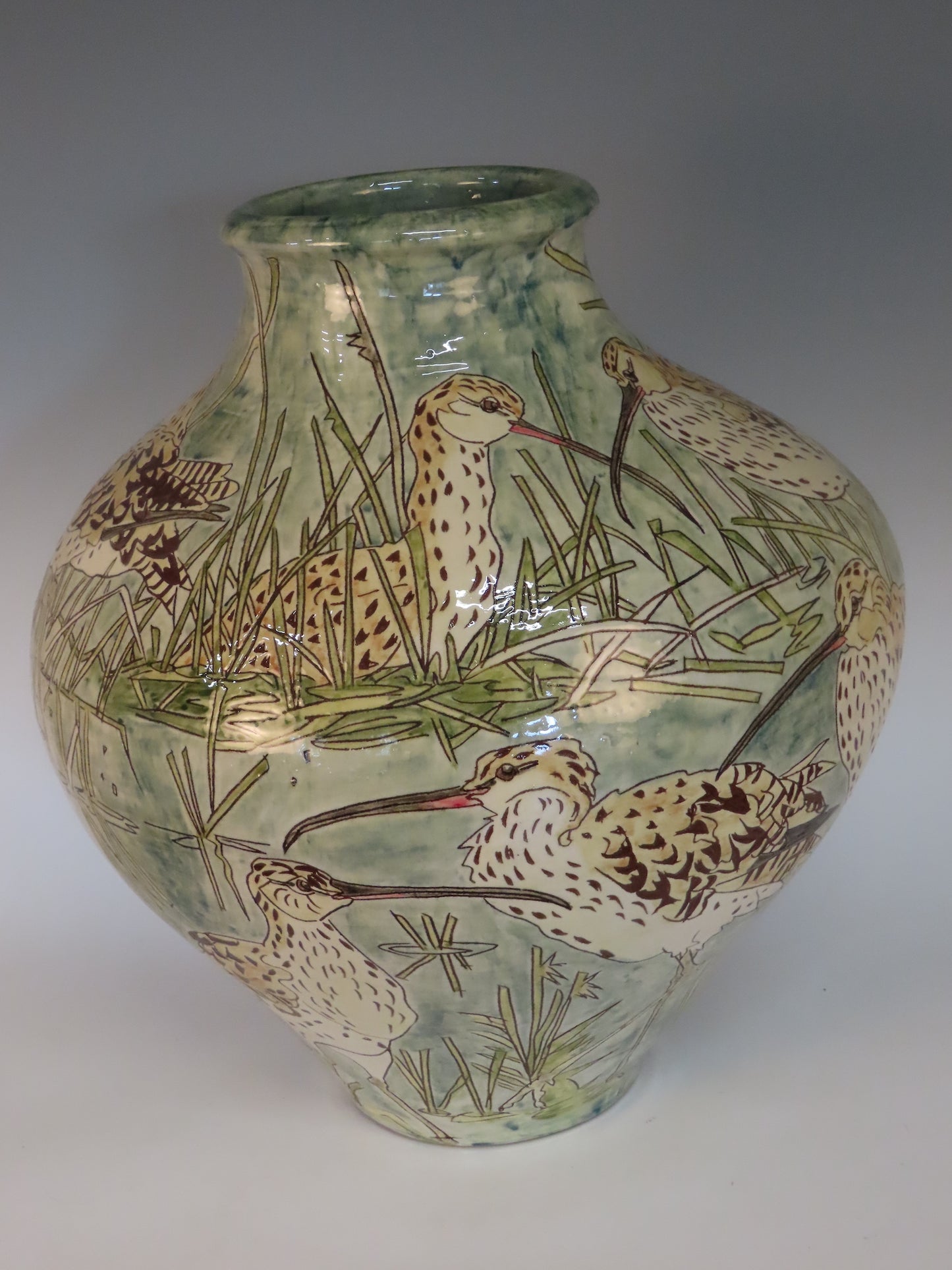 Large vessel  depicting Curlews on Bodmin moor.