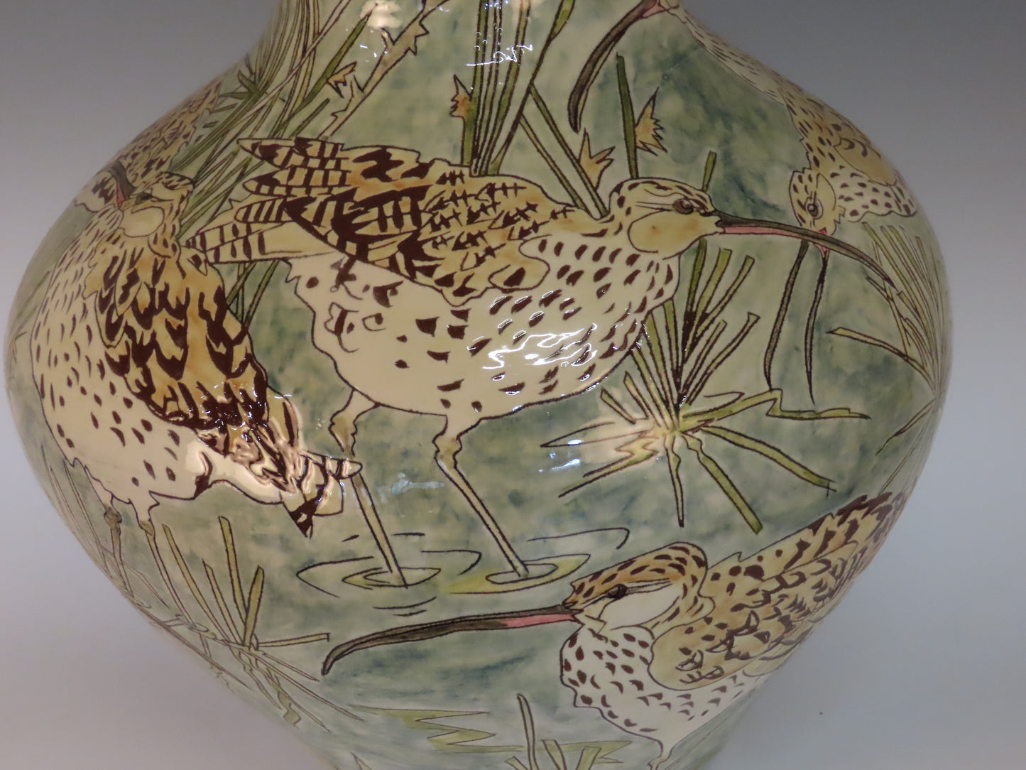 Large vessel  depicting Curlews on Bodmin moor.