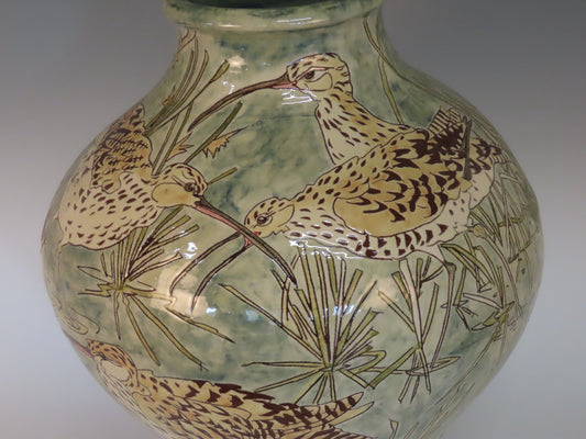 Large vessel  depicting Curlews on Bodmin moor.